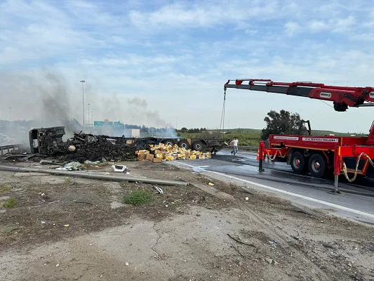 Tarsus'ta devrilerek yanan tırın sürücüsü yaralandı