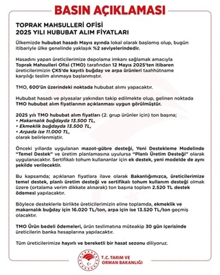 TMO, 2025 Yılı Hububat Alım Fiyatlarını Açıkladı